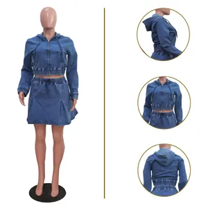 Detailed view of women's two-piece washed denim set with hooded jacket and mini skirt