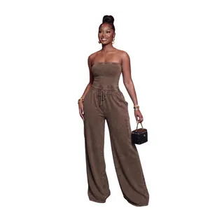 Stylish European washed brown tube top and wide-leg trousers casual set for women