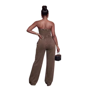 Women's casual washed brown tube top jumpsuit with wide leg pants stylish design