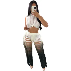 Distressed sleeveless crop top and fringed gradient long pants two-piece set for women