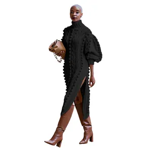 Elegant black high neck cable knit dress with side split and puff sleeves detail