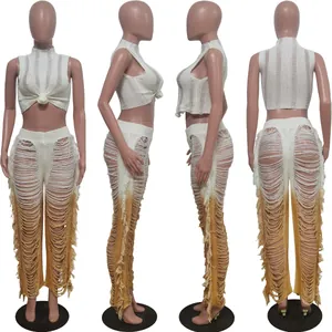 Women's 2-piece set featuring a cropped tank top and fringed cutout gradient long pants