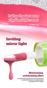 Detail shot of mirror lip gloss applicator with dripping pink moisturizing liquid texture