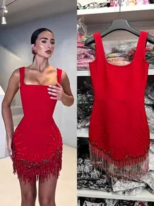 Women Sexy Sleeveless Rhinestone Bodycon Dress With Fringe Hem Spaghetti Strap Party Evening Mini Dress Polyester