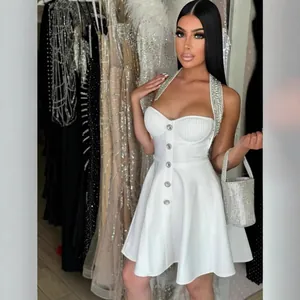 Women Sexy Halter Neck Backless A-Line Dress Slim Fit Beaded Waist Cocktail Party Mini Dress Elegant Formal Evening Gown