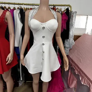 Sexy white halter neck bandage mini dress with rhinestone trim and decorative buttons