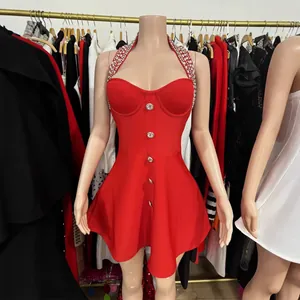 Sexy red halter neck A-line mini party dress with rhinestone straps and buttons