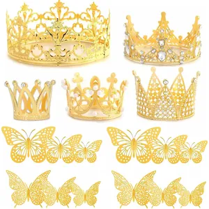 Mini Alloy Rhinestone Crown Cake Topper For Children Birthday Party Decorations Gold Silver Artificial Pearl Crown Decor