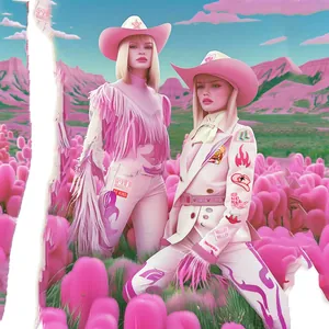 Vue détaillée d'écussons brodés style cowboy occidental sur veste en jean rose et chapeau