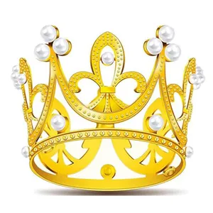 Close-up of an ornate gold alloy crown with elegant white pearls for birthday parties.