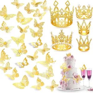 Golden crystal crowns and 3D butterfly stickers set for elegant birthday cake decoration