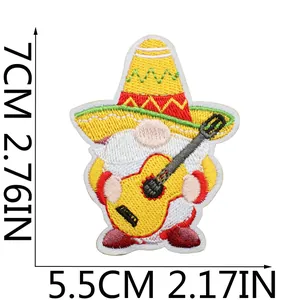 Bestickter mexikanischer Festival-Gnom-Patch mit Sombrero und Gitarre, 7 cm x 5,5 cm groß