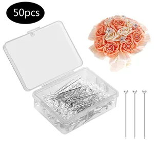 50 pieces of crystal diamond head corsage pins in a transparent plastic storage case