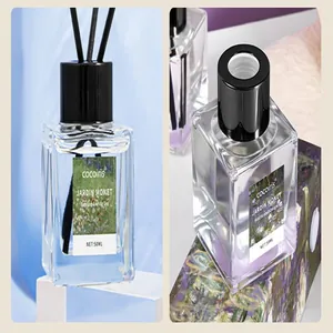 Close-up detail of Cocoiris 50ml reed diffuser bottles featuring Jardin Monet theme