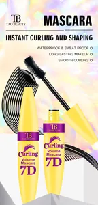 Close-up detail of Tao Beauty 7D curling and volume mascara in bright yellow packaging