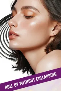 Macro detail of long curled eyelashes demonstrating waterproof mascara effect on model