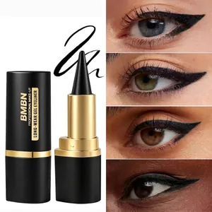 Detail von wasserfestem schwarzem Gel-Eyeliner mit Anwendung auf verschiedenen Hauttönen.