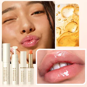 Detail shot of DKDE lip balm set with Vitamin E on moisturizing glossy lips.