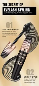 Close-up detail of Tao Beauty 5D waterproof black mascara brush and sleek gold tube
