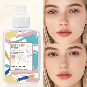 Close-up of DK'DE body tone-up cream with model comparison showing brightening effect
