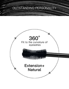 Detailed view of mascara brush head showing 360-degree curvature for natural lash extension