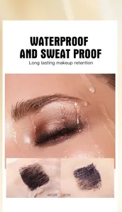 Detail view demonstrating the waterproof and sweat-proof effect of black mascara.