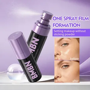 Détail du spray fixateur de maquillage BMBN avec brume fine et comparaison de peau.