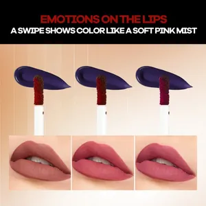 Comparison of three matte lip glaze shades with applicator brush details