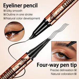 Detail view of liquid eyeliner and four-way tip eyebrow pen for precise makeup results.