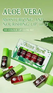Detail shot of the moisturizing 6-color Aloe Vera lip tint set in fresh green packaging