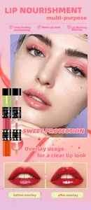 English marketing graphic showing lip oil nourishment and before/after overlay results.