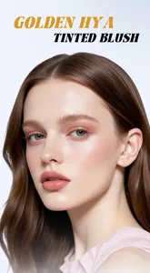 Professional makeup model showing the natural pink tinted blush for a clear nude look.