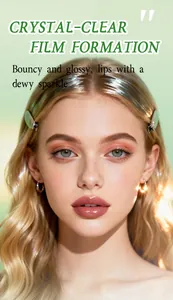 Close-up of glossy pink lipstick with crystal-clear film formation effect