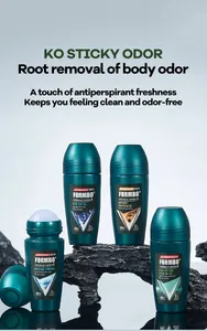 Detail shot of four FORMBO men's roll-on antiperspirant bottles for 48h odor protection