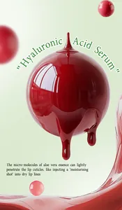 Close-up of glossy red liquid droplet representing hydrating hyaluronic acid lip serum.