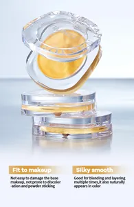 Detail view of golden silky smooth shimmer blush powder in a clear transparent case