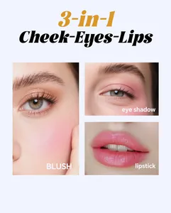 Detail showing 3-in-1 makeup cream applied as blush, eye shadow, and lipstick on skin.