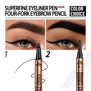 Detail view of waterproof dual-ended eyeliner and four-fork eyebrow pencil tips