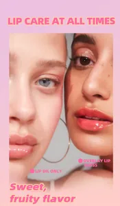 Detail view of the color-changing lip oil effect on models with sweet fruity flavor