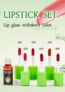 Close-up of 6-color aloe vera lip tint set showing various shades and green applicators