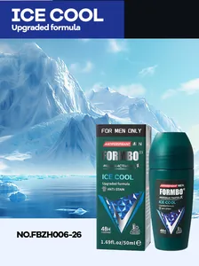 Close-up of FORMBO men's antiperspirant bottle and box against icy glacier background