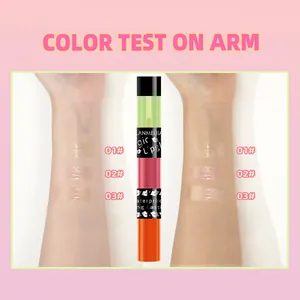 Arm swatches of 3-color temperature color changing lip oil showing shades 01 to 03
