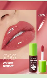 Detailed view of glossy lip tint application in shade 01 red with aloe vera extract