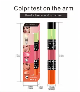 Detailed dimensions in cm and inches for LANMEIJIA color changing lip oil and box