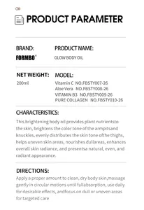 Gros plan sur les paramètres du produit Formbo Glow Body Oil, usage et instructions.