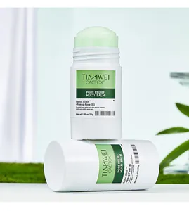 Close-up detail of pore relief multi balm stick showing its light green solid texture.