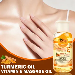 Detailed view of DK'DE Vitamin E Turmeric Massage Oil showing glowing skin texture