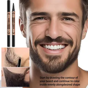 Detailed view of the four-pronged beard filler pen showing usage on a male model's beard.