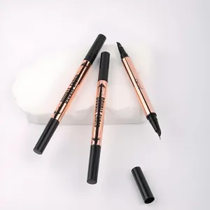 Close-up of QICIY dual-ended liquid eyeliner and 4-tip eyebrow pencil in rose gold finish