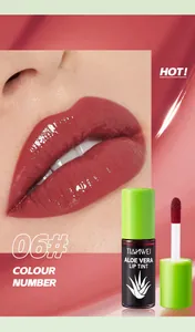 Detailed view of Tianwei Aloe Vera Lip Tint shade 06 with a glossy finish on lips and product bottle